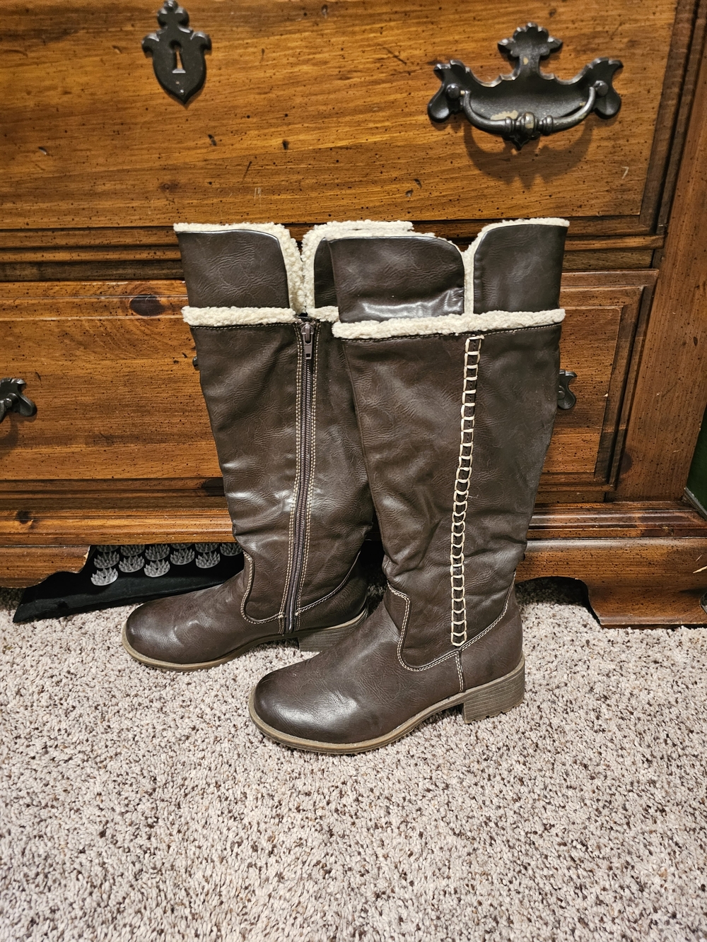 Natural Soul Brown Faux-Shearling Mid-Calf Heeled Boots
